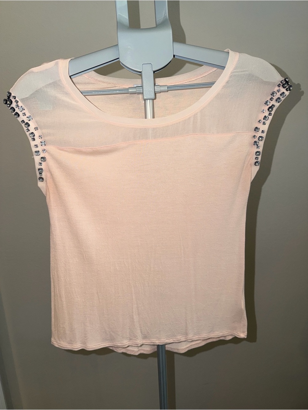 Express Pale Pink Mesh Yoke Tee with Rhinestone Trim